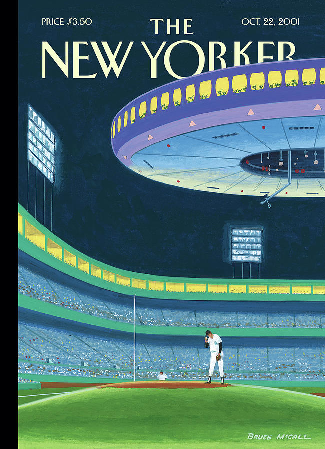 Baseball Meets UFO at Night Painting - Sky Box by Bruce McCall