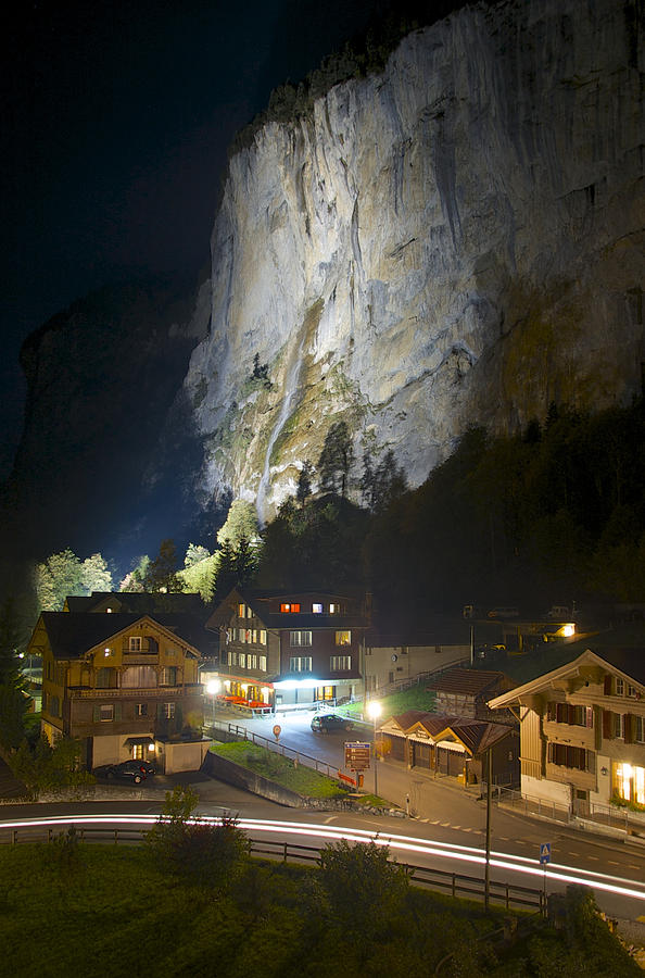 Staubbach Falls at Night in Lauterbrunnen Switzerland Photograph by Owen Weber