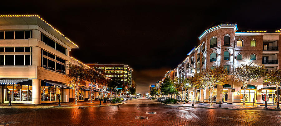 Vibrant City Street at Night Photograph - Sugar Land Town Square by David Morefield