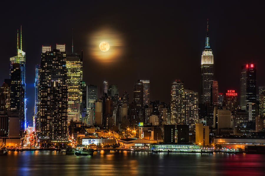 Moonlit New York City Skyline Photograph - Super Moon Over NYC by Susan Candelario