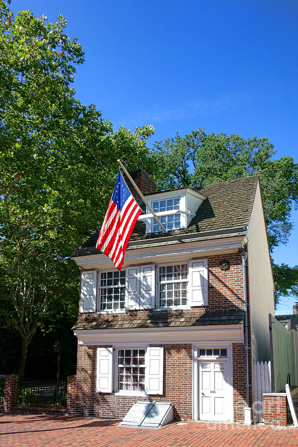Historic Brick House with Flag Photograph - The Betsy Ross House by Olivier Le Queinec