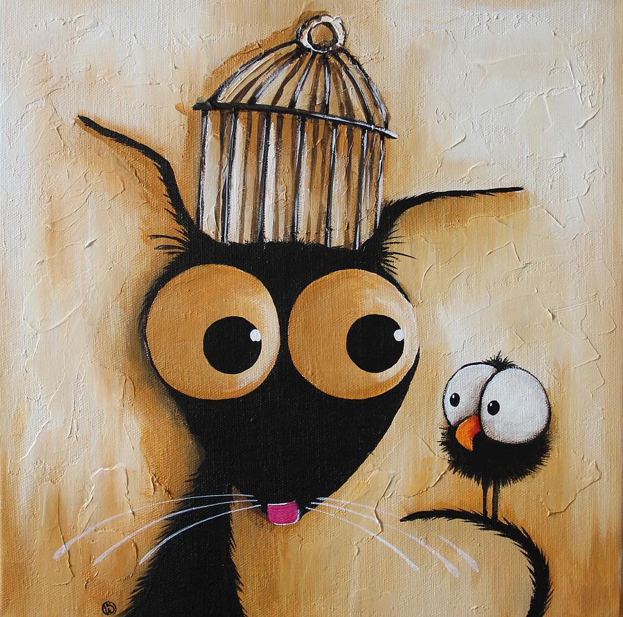 Whimsical Cat and Bird Encounter Painting - The cage by Lucia Stewart
