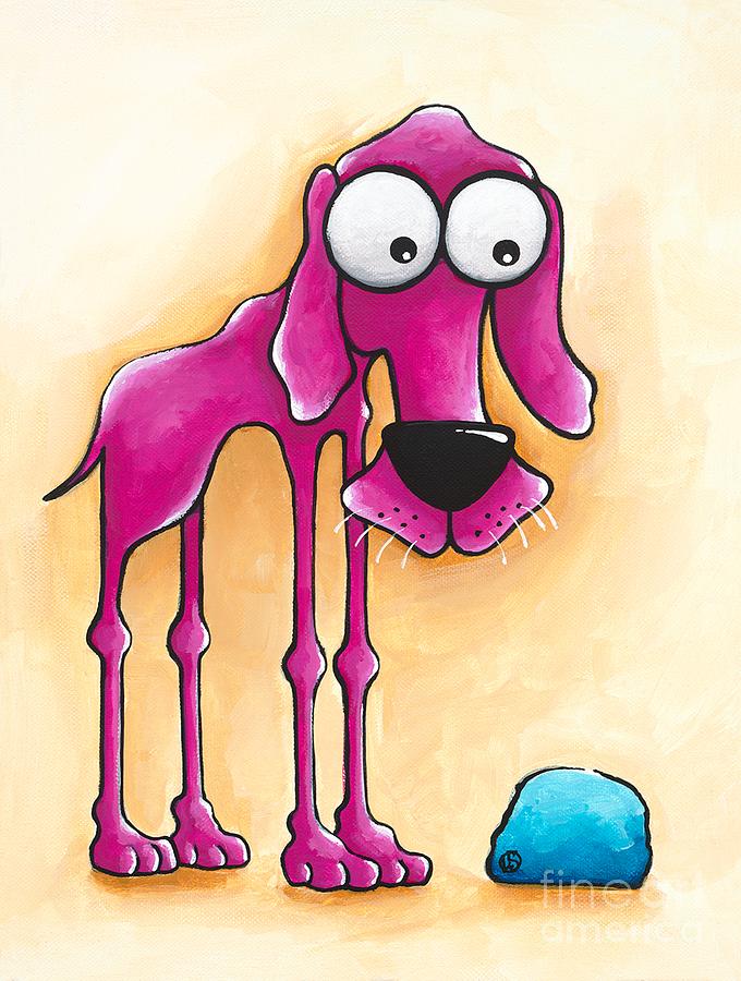 Cartoon Dog with Big Eyes and Blue Blob Painting - The Pink Dog and his blue ball by Lucia Stewart