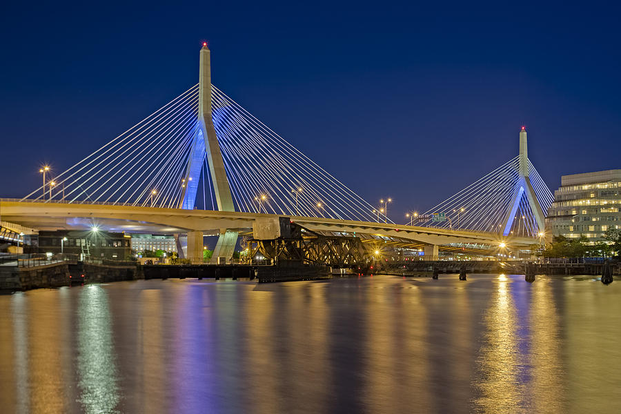 Boston City Bridge by Night Photograph - The Zakim Bridge by Susan Candelario
