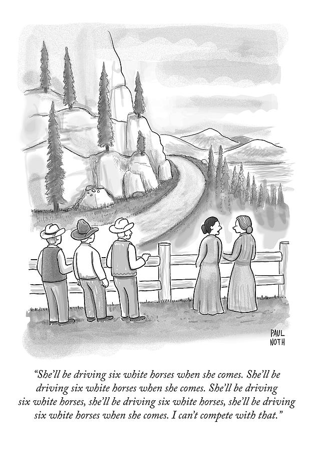 Three Frontiersmen And Two Women Watch A Mountain Drawing by Paul Noth