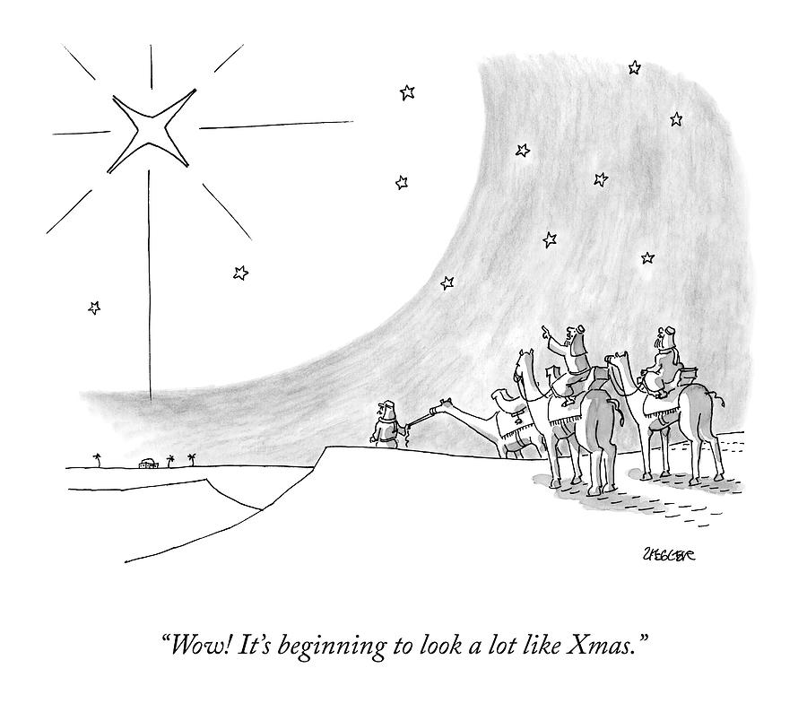 Three Wise Men and a Star Drawing - Three Men On Camels Look At The Night Sky.  One by Jack Ziegler