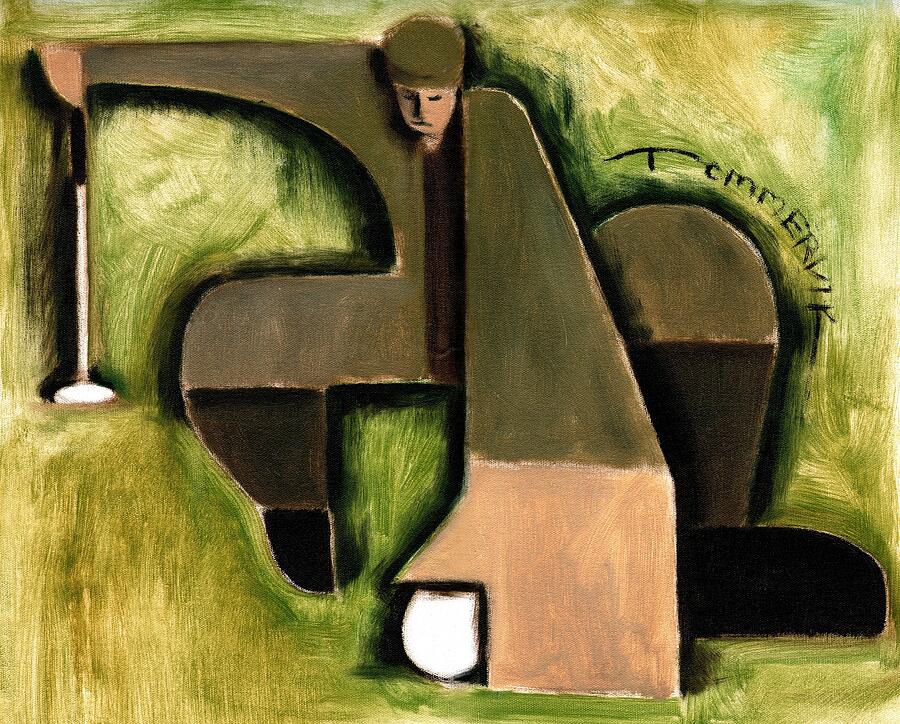 Abstract Geometric Man in Green Painting - Tommervik Abstract Golf Putter Art Print by Tommervik