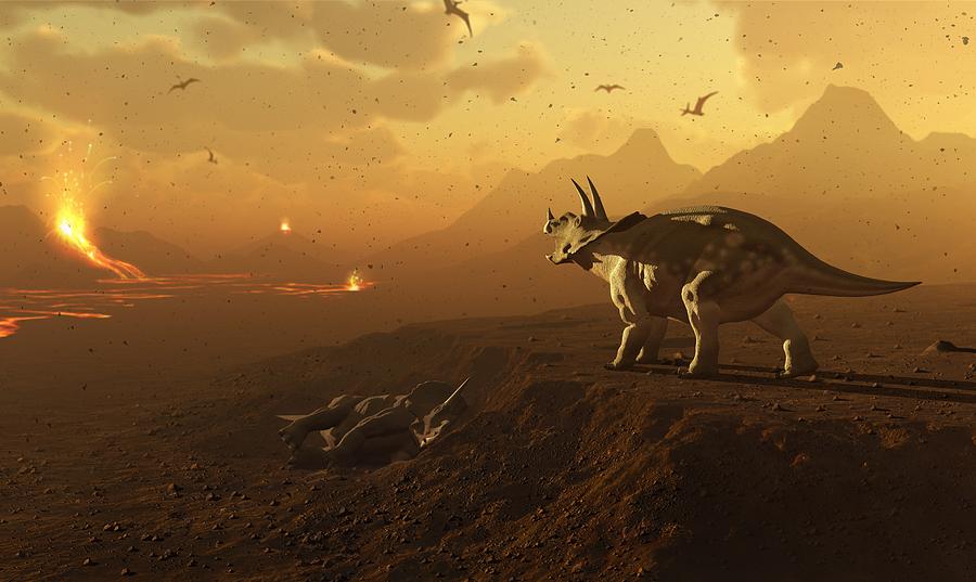 Triceratops and volcanic landscape Drawing by Mark Garlick