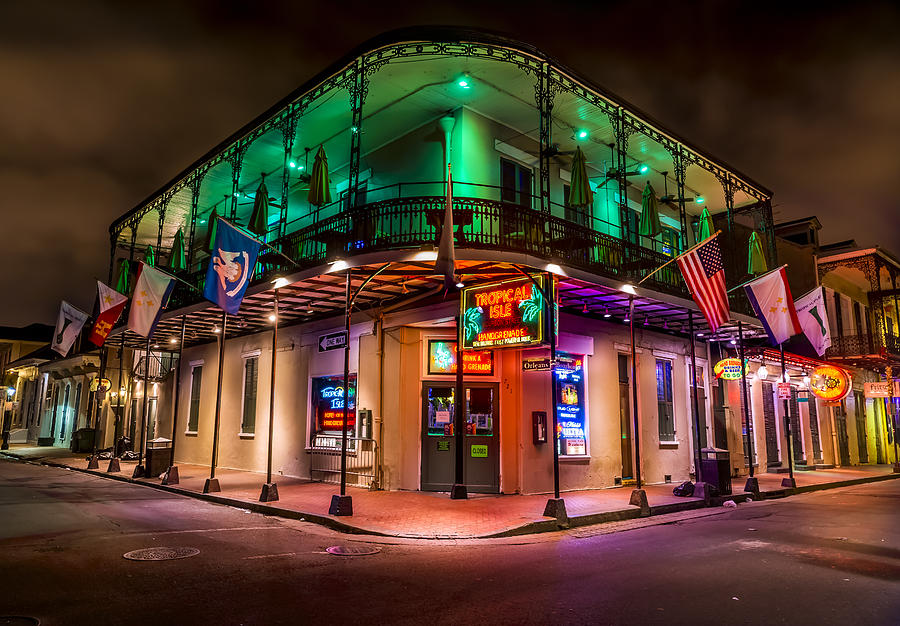 Vibrant New Orleans Corner at Night Photograph - Tropical Isle in New Orleans by David Morefield