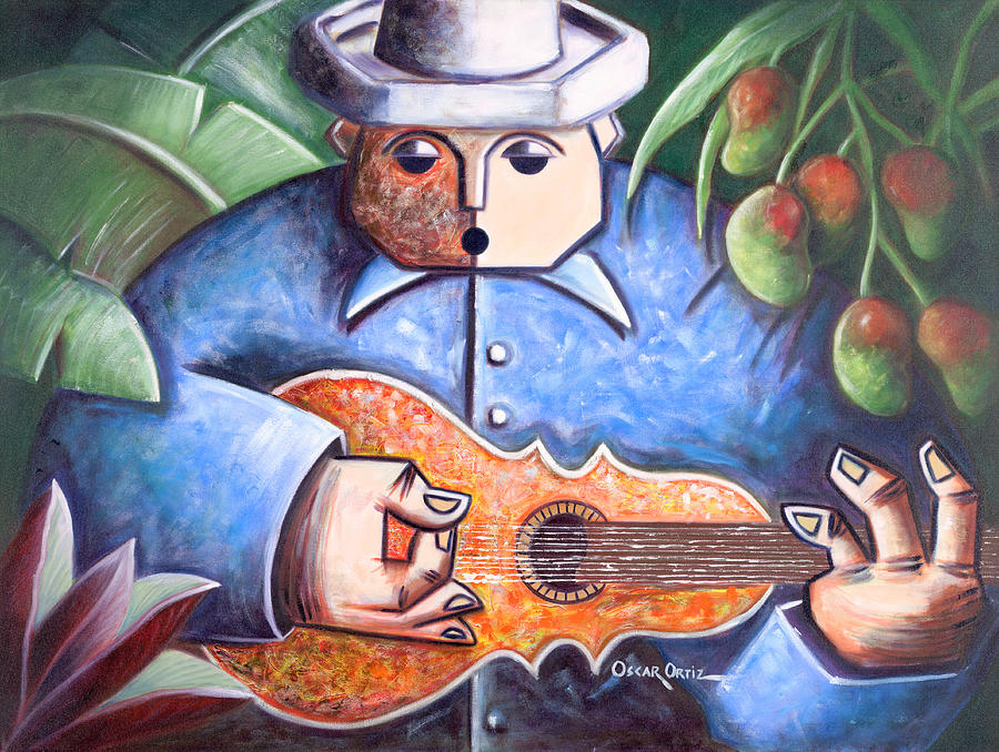 Tropical Jibaro Playing Guitar Painting - Trovador de mango bajito by Oscar Ortiz