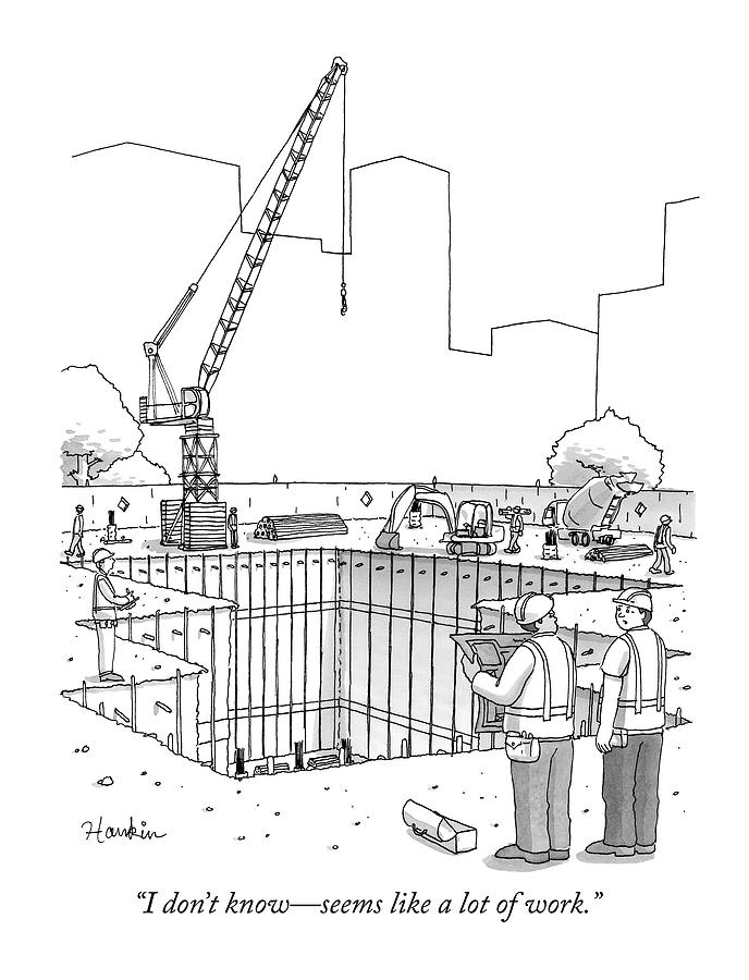 Construction Site Cartoon Drawing - Two Construction Workers Look Out Over A Massive by Charlie Hankin
