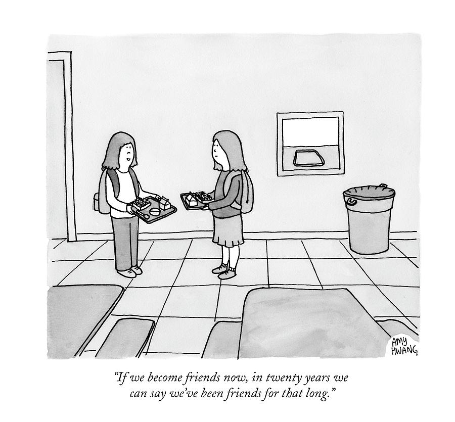 Lunchtime Friends Drawing - Two Girls Talk In A School Cafeteria by Amy Hwang