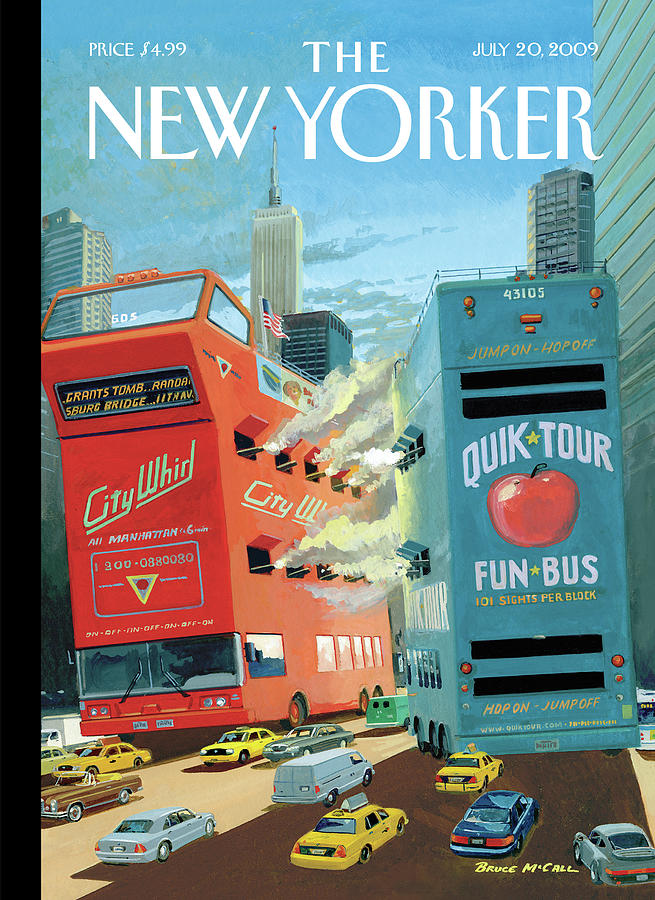 Whimsical Downtown Bus Battle Painting - Tour Wars by Bruce McCall