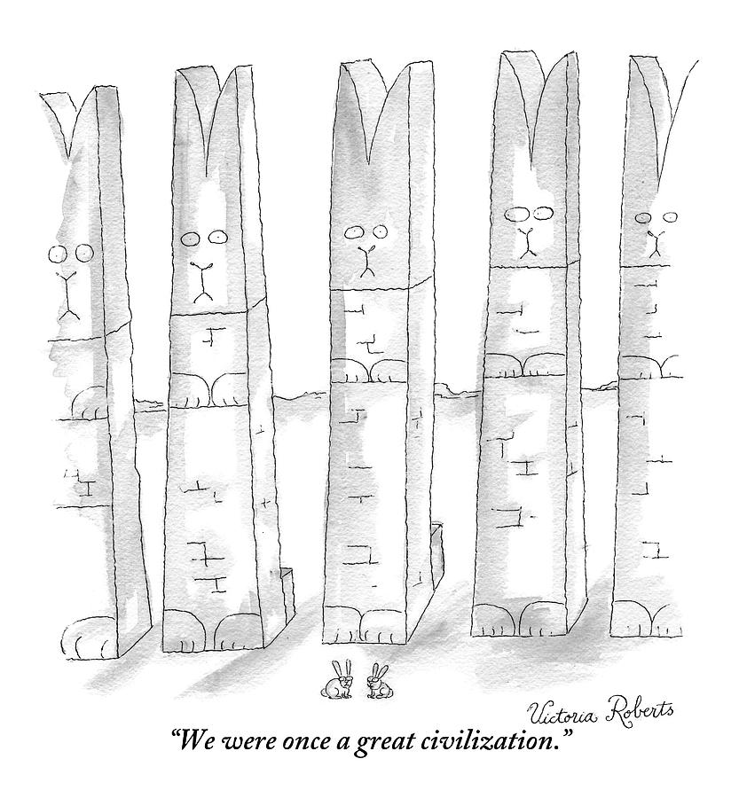 Two Rabbits Talk In Front Of Large Rabbit Drawing by Victoria Roberts