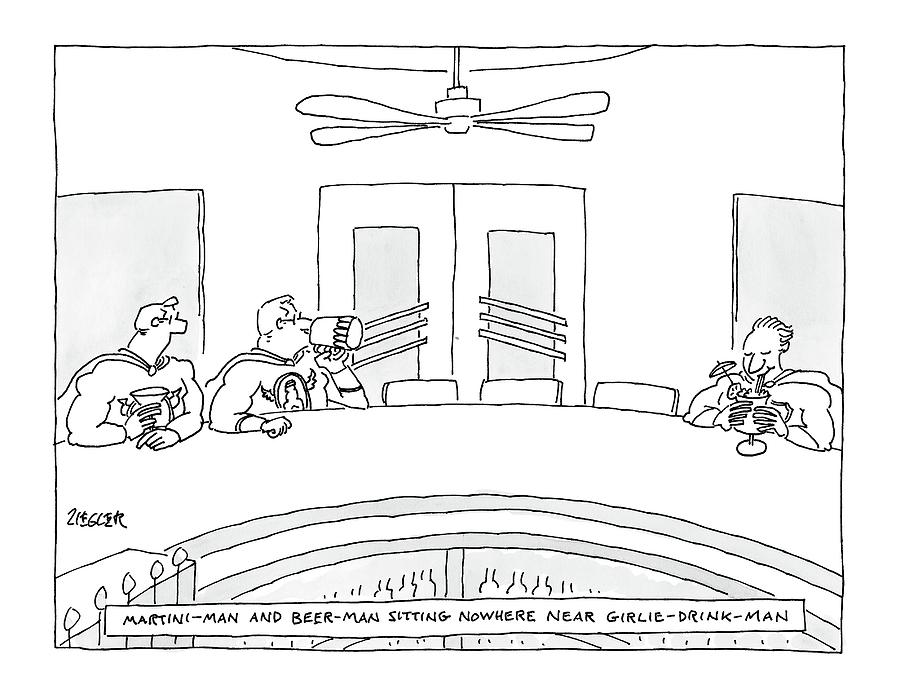 Superheroes at a Bar Counter Drawing - Two Superheros Martini-man And Beer-man Sitting by Jack Ziegler