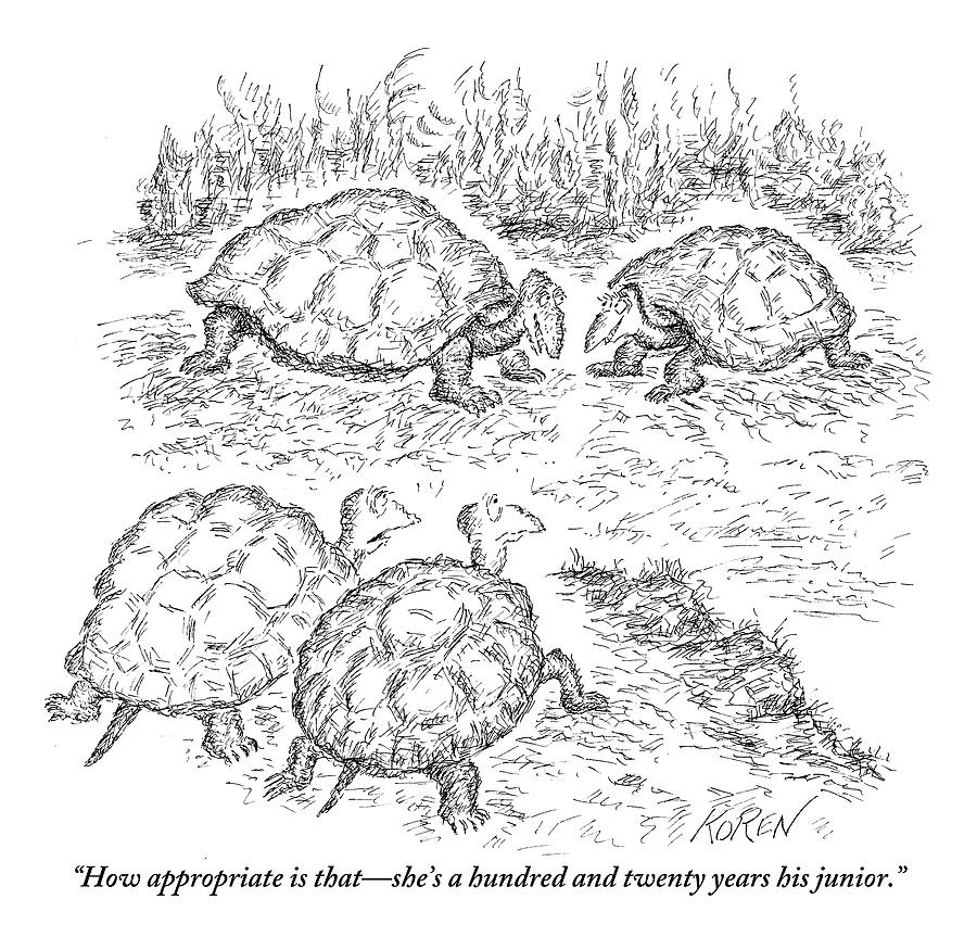 Two Turtles Look On As A Male And Female Turtle Drawing by Edward Koren