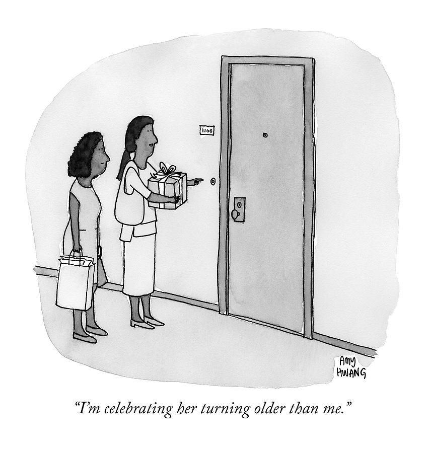 Humorous Birthday Visit Drawing - Two Women Ringing A Doorbell by Amy Hwang