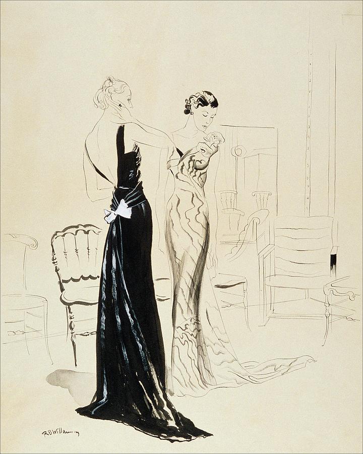 Two Young Women Wearing Schiaparelli Evening by Rene Bouet-Willaumez