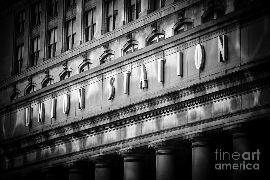 Union Station Chicago Sign in Black and White Photograph by Paul Velgos