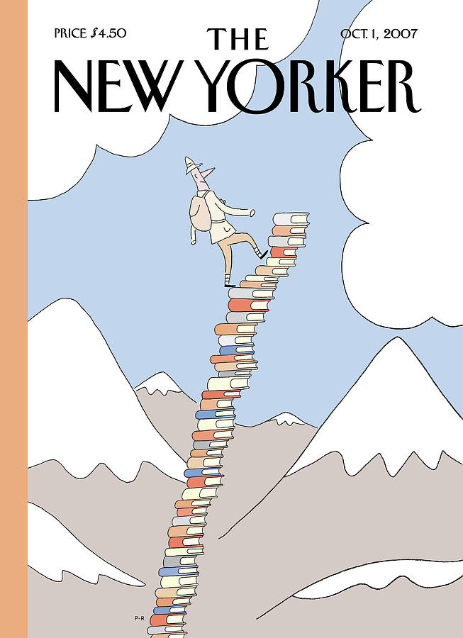 Man Climbing Book Mountain Painting - Stairway To The Stars by Philippe Petit-Roulet