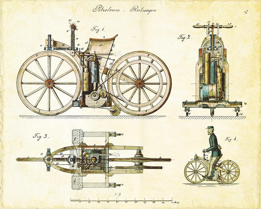 Vintage Motorized Bicycle Blueprint Drawing - Vintage 1885 Daimler Reitwagen First Motorcycle by Nikki Marie Smith