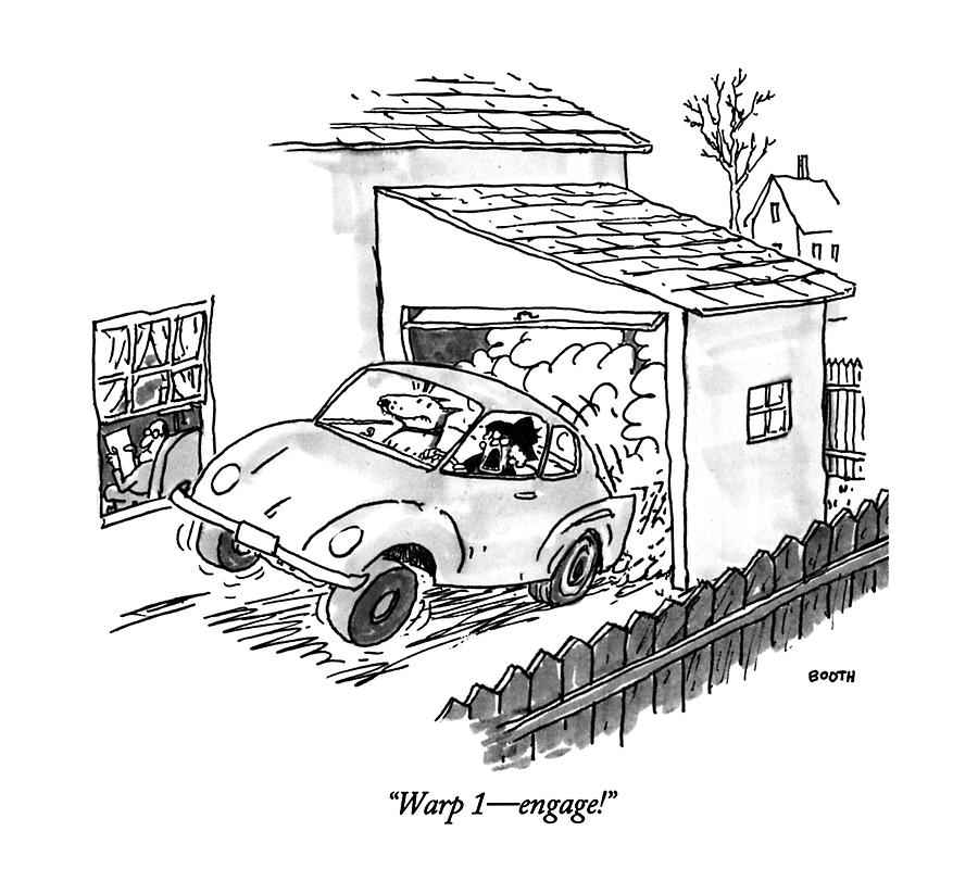 Car Crashing Through Garage Drawing - Warp 1 - Engage! by George Booth