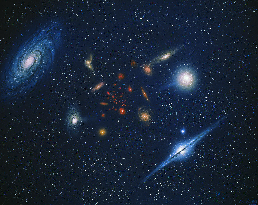 Artwork Of Various Galaxies Showing Red Shift by Chris Butler