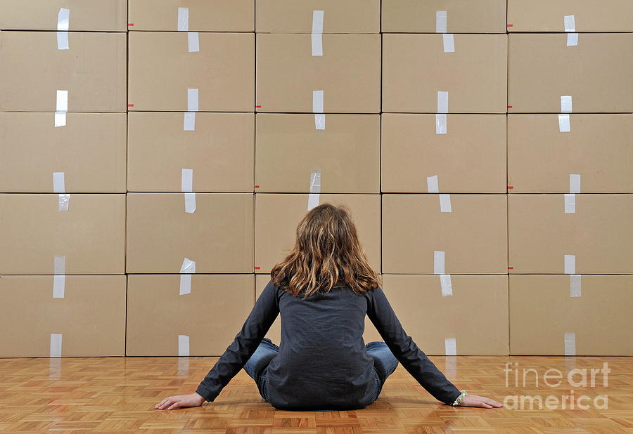 Child Sitting in Front of Boxes Photograph - Girl seated in front of cardboard boxes by Sami Sarkis Photography
