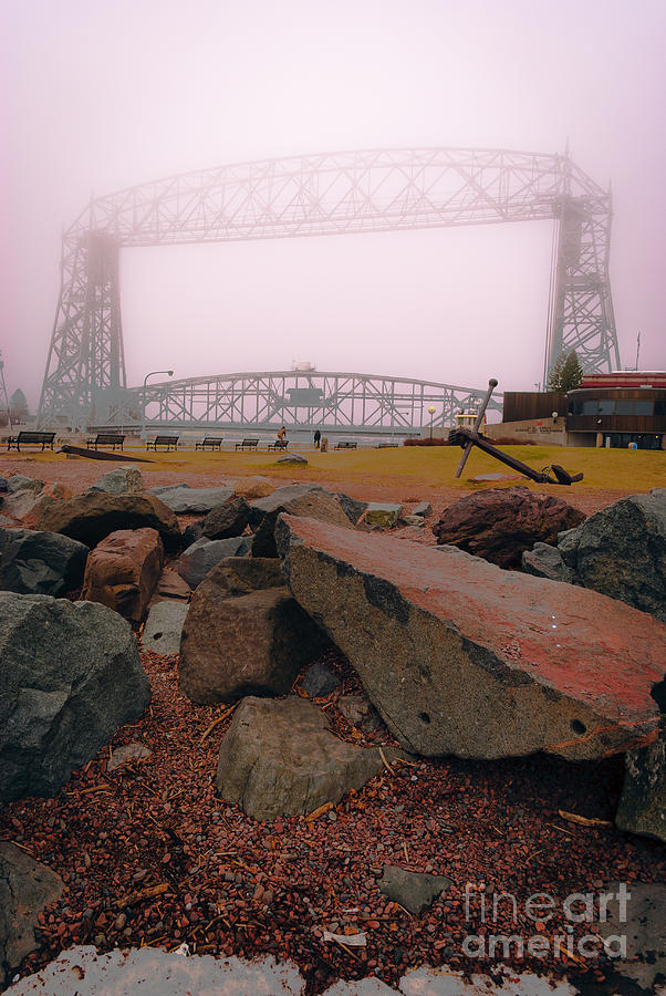 Foggy Day at Aerial Lift Bridge Photograph - Lift Bridge in Spring Fog by Duluth To Door County Photography