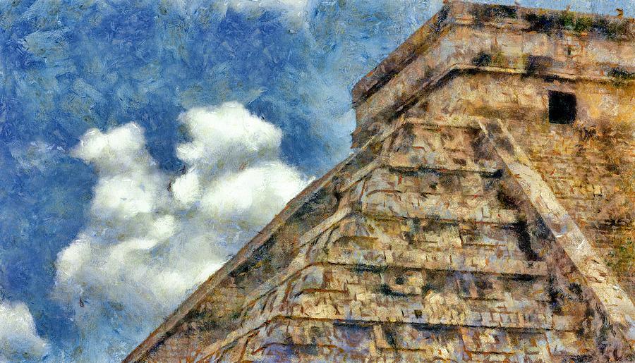 Ancient Pyramid Under Blue Sky Painting - Mayan Mysteries by Jeffrey Kolker