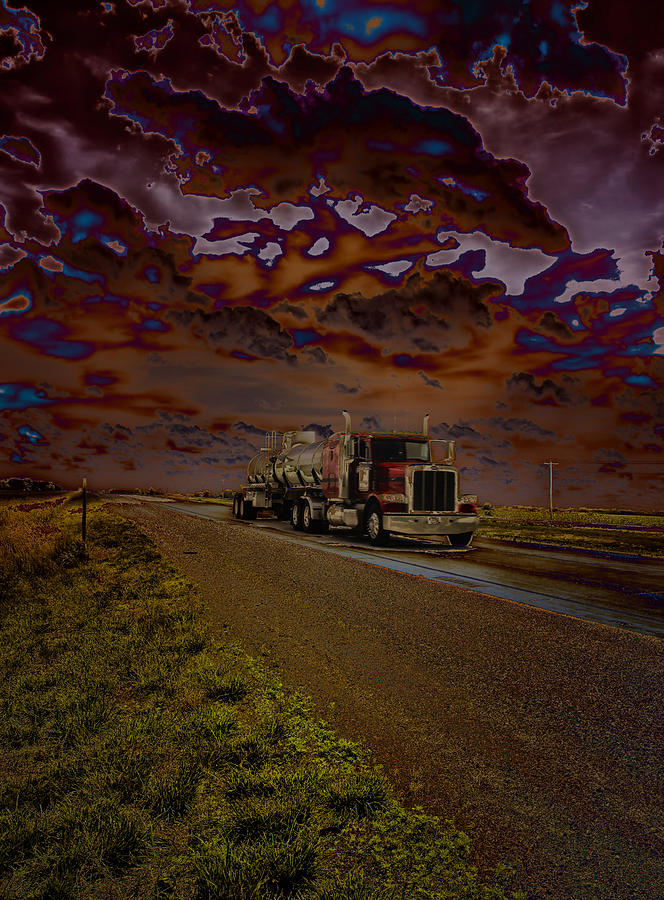 Surreal Sunset Over Highway Truck Photograph - Midnight Deisel by Bill and Linda Tiepelman