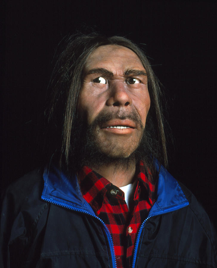 neanderthal dressed in modern attire Model Of A Neanderthal Man In Modern Clothing by Volker Steger / Nordstar