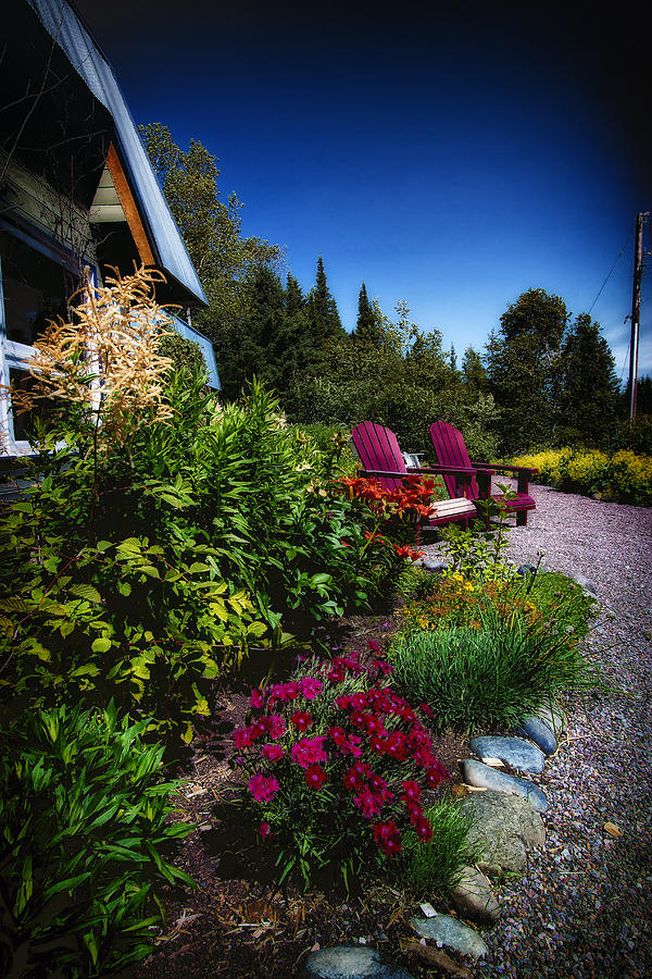 Charming Garden with Adirondack Chairs Photograph - New Scenic Cafe - Duluth MN by Bill and Linda Tiepelman