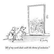 A Dog Speaks To Another Dog In Front Of A Closed Drawing by Mike Twohy