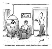 A Wife On The Phone Sits Next To A Bomb Drawing by Tom Cheney