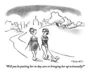 A Woman Walking A Small Dog Asks Her Pregnant Drawing by Pat Byrnes