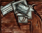 Abstract Cubism Cowboy Revolver Gun Art Print Painting by Tommervik