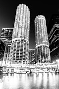 Marina City Towers at Night Black and White Picture Photograph by Paul Velgos