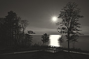 Moon over Lake Michigan in  Black and White Photograph by Mary Lee Dereske