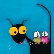 Stressie Cat and the whimsical birds Painting by Lucia Stewart