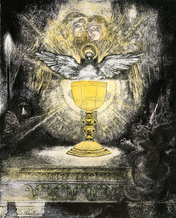 Biblical Scene The Holy Grail Christian Symbol With The Dove To