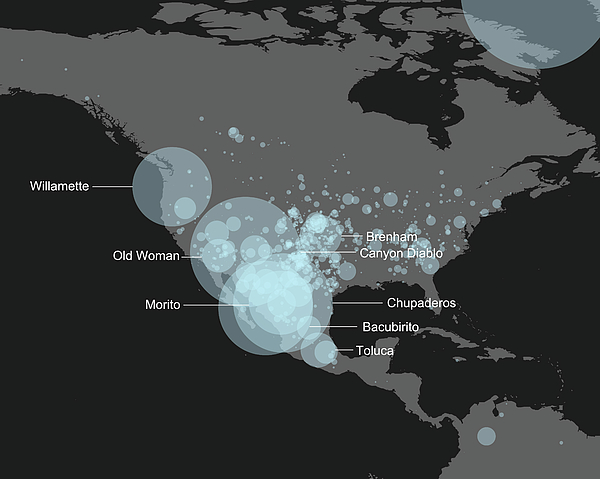 Map Of Known Meteorite Landings In North And Central America Greeting ...