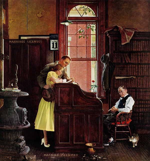 Marriage License Bath Towel by Norman Rockwell - The Saturday
