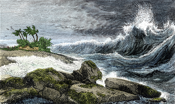 Natural Disaster Tsunami Breaking On The Beaches Of Hawaii, 19th