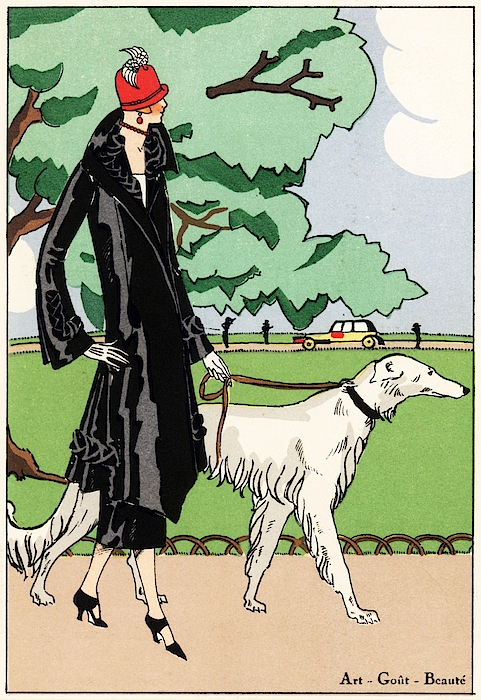 Woman in black ottoman three-piece ensemble walking a Borzoi dog