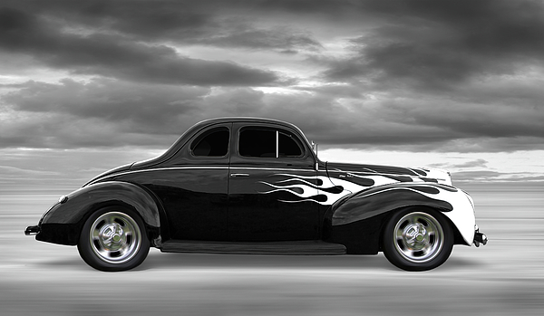1940 Ford Coupe Hot Rod With Flames BW Greeting Card by Gill