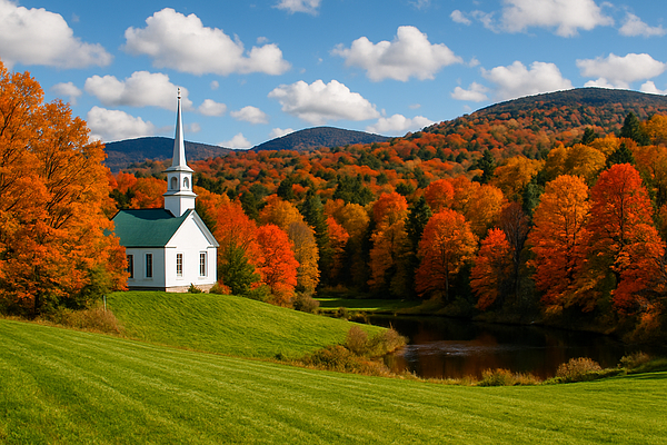 Autumn Chapel in Vibrant Landscape Jigsaw Puzzle by All Things