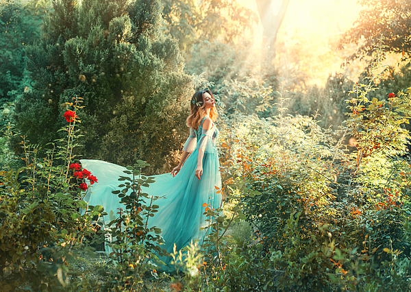 Fantasy princess enjoys summer nature. Vintage long dress flies fluttering in wind. Woman smile happy face. Spirituality divine light sun shine freedom concept, perfume aroma flowers natural cosmetics Jigsaw Puzzle by Julien - Fantasy princess enjoys summer nature. Vintage long dress flies fluttering in wind. Woman smile happy face. Spirituality divine light sun shine freedom concept, perfume aroma flowers natural cosmetics Jigsaw Puzzle by Julien -