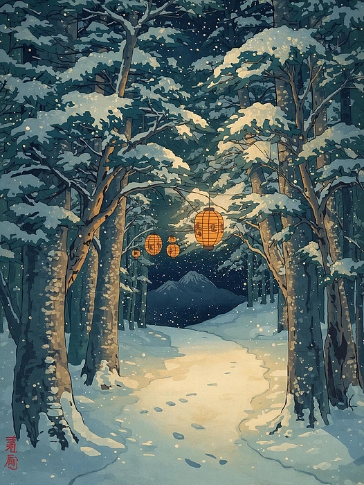 Golden Lanterns in Snowy Forest Japanese Ukiyo e Woodblock Winter