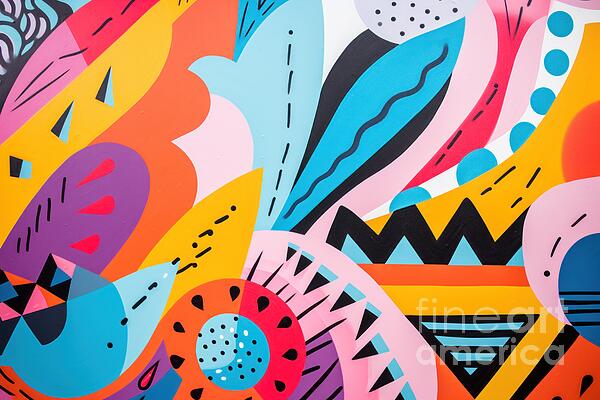 Hand-drawn abstract mural with vibrant colors and geometric shapes ...